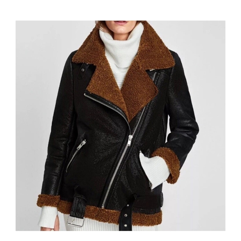 ZARA Woman Shearling Moto Black‎ Jacket Size: XS